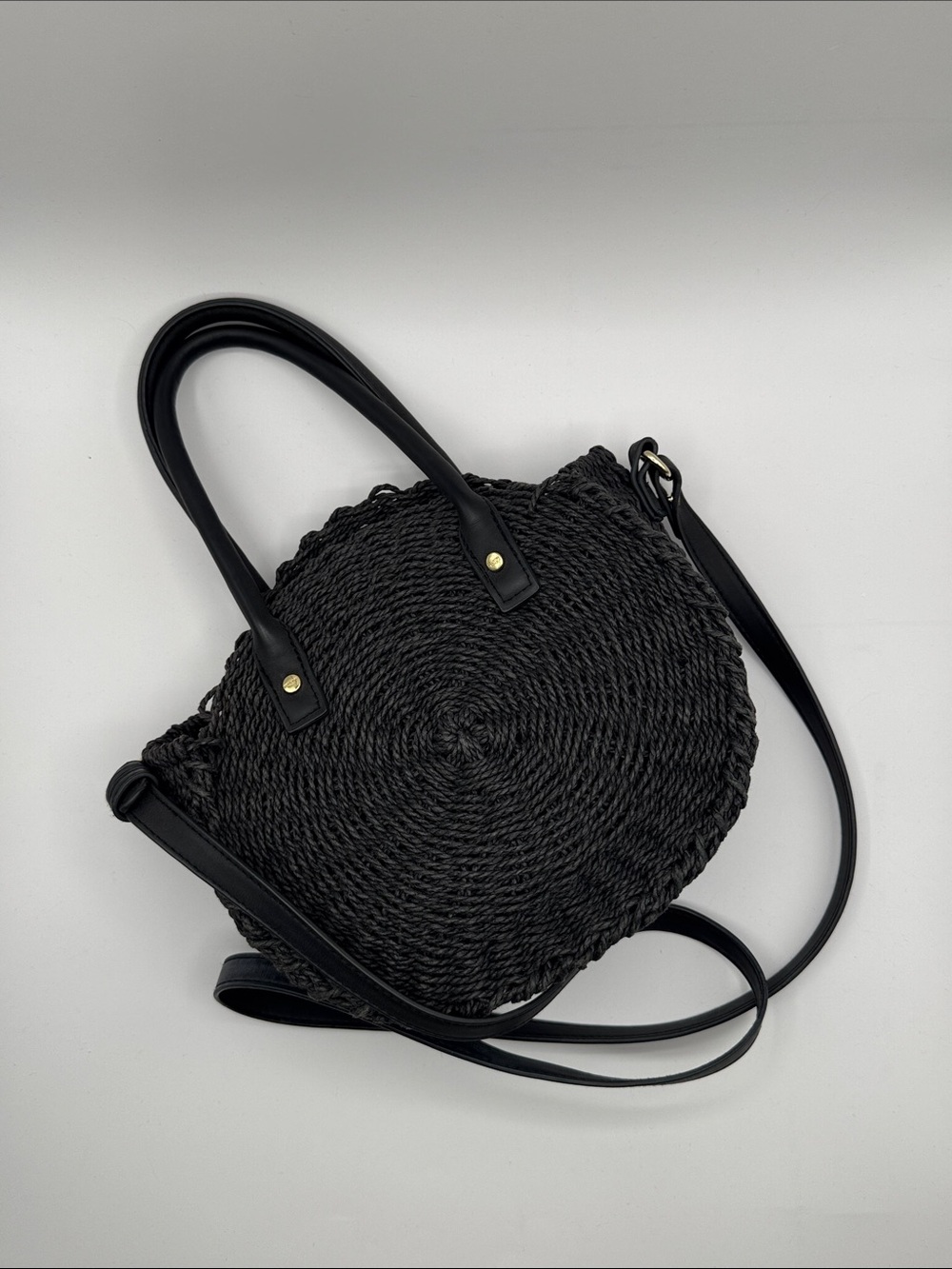Country Road Black Round Woven Crossbody Bag with Top Handles Detachable Strap